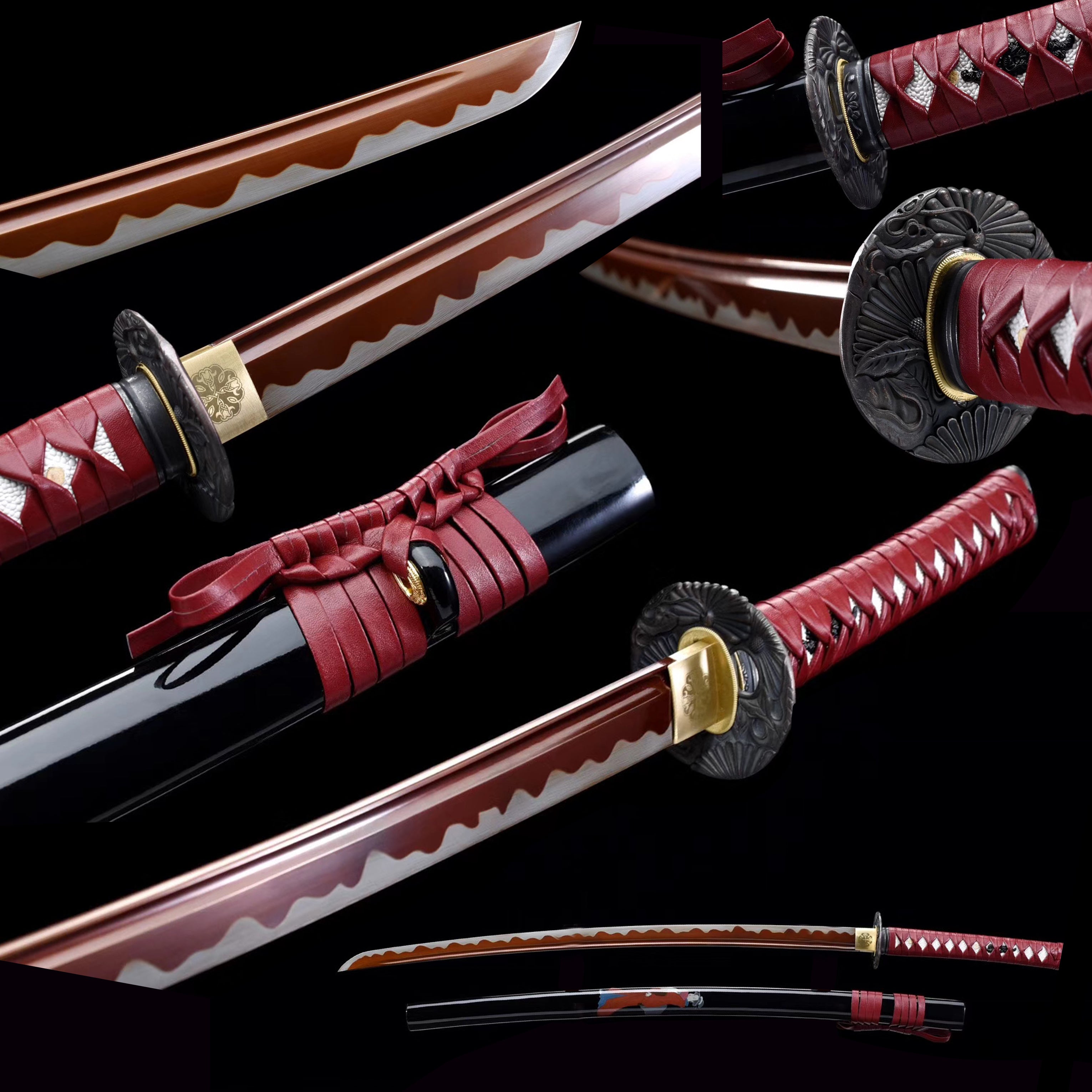 Hand Forged Manganese Samurai Swords Katana Full Tang Blade Red ...