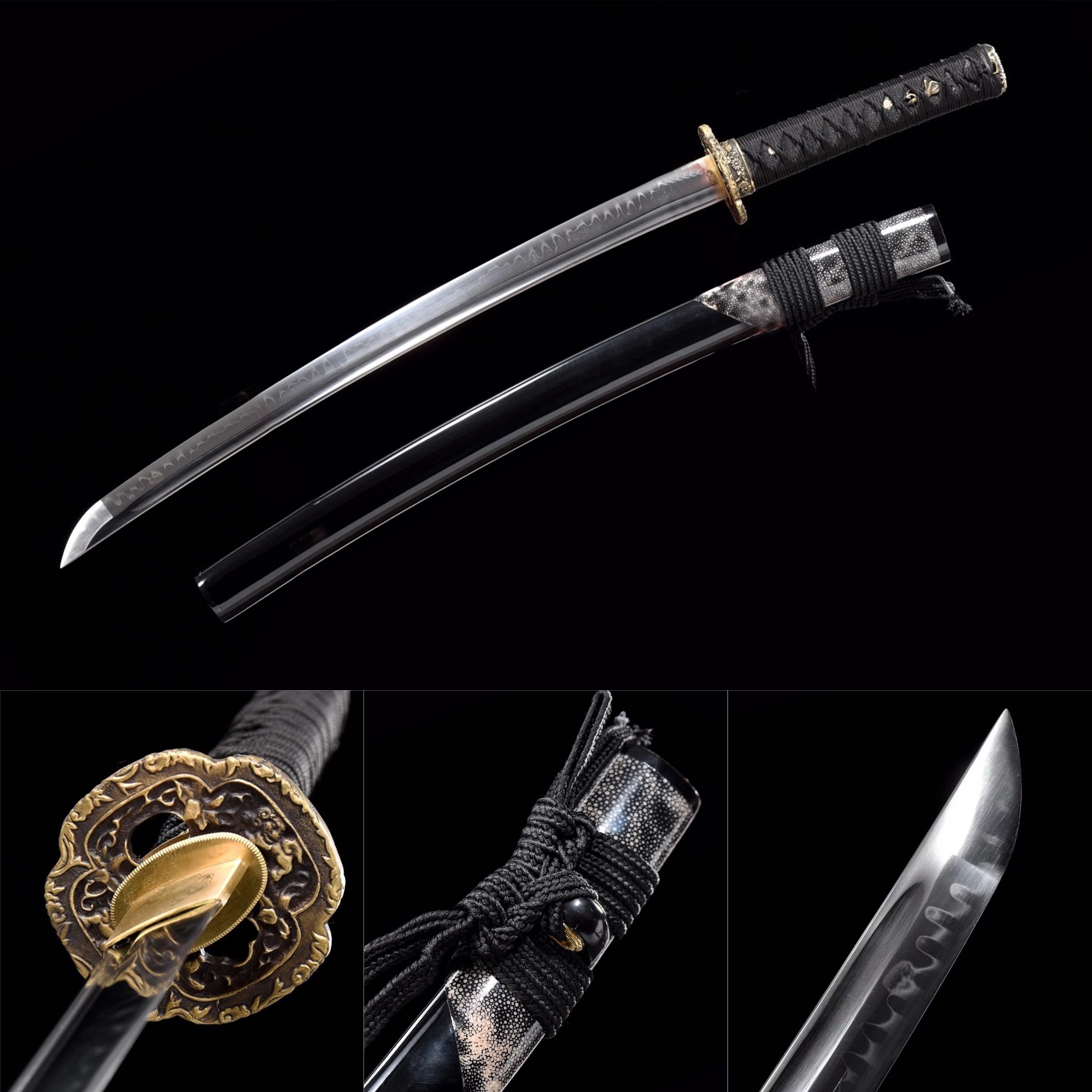 Handmade Clay Tempered Wakizashi Full Tang Samurai Katanaa Swords Bras ...