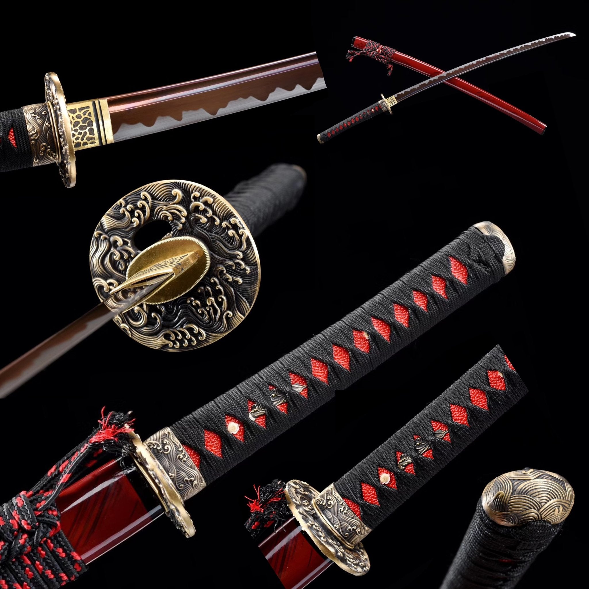 Traditional Hand Forged Manganese Steel Samurai Katana Swords Red Wave